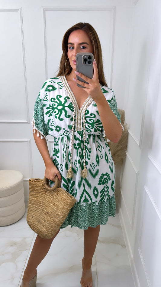 ESTELLE green printed tassel dress