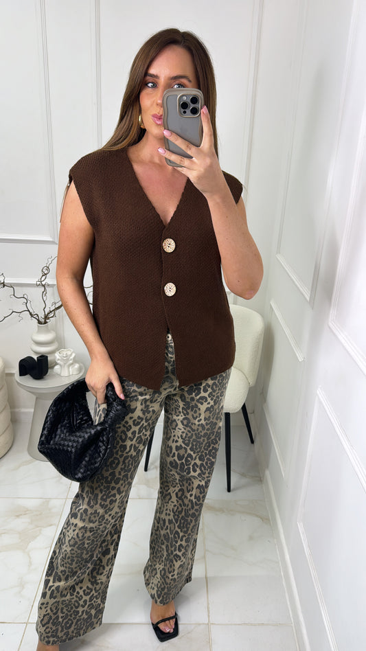 IMOGEN chocolate gold button knit waistcoat