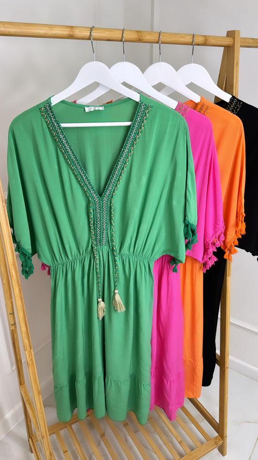 SISI green embroidered tassel smock dress