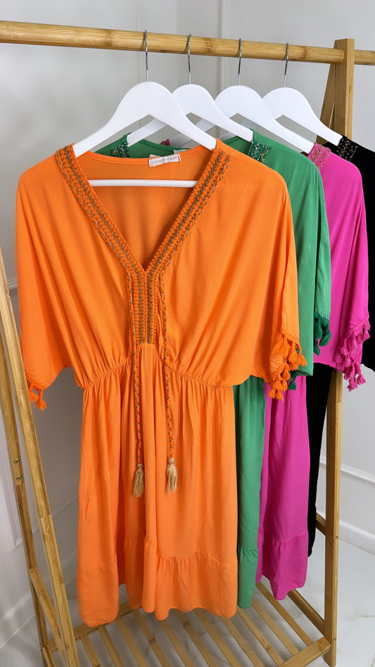 SISI orange embroidered tassel smock dress