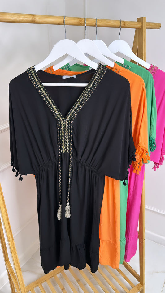 SISI black embroidered tassel smock dress