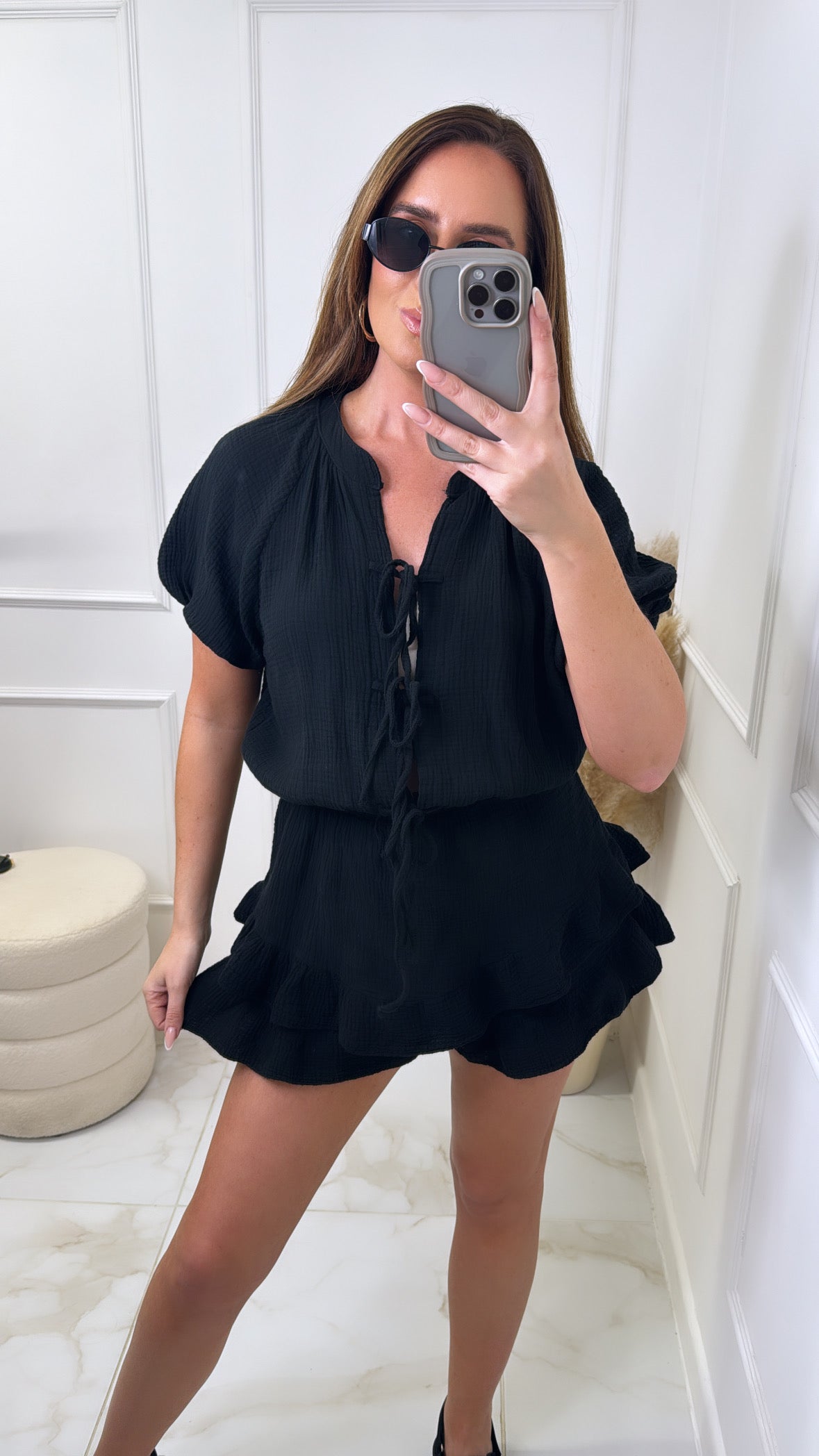 LUNA black tie front cheesecloth playsuit