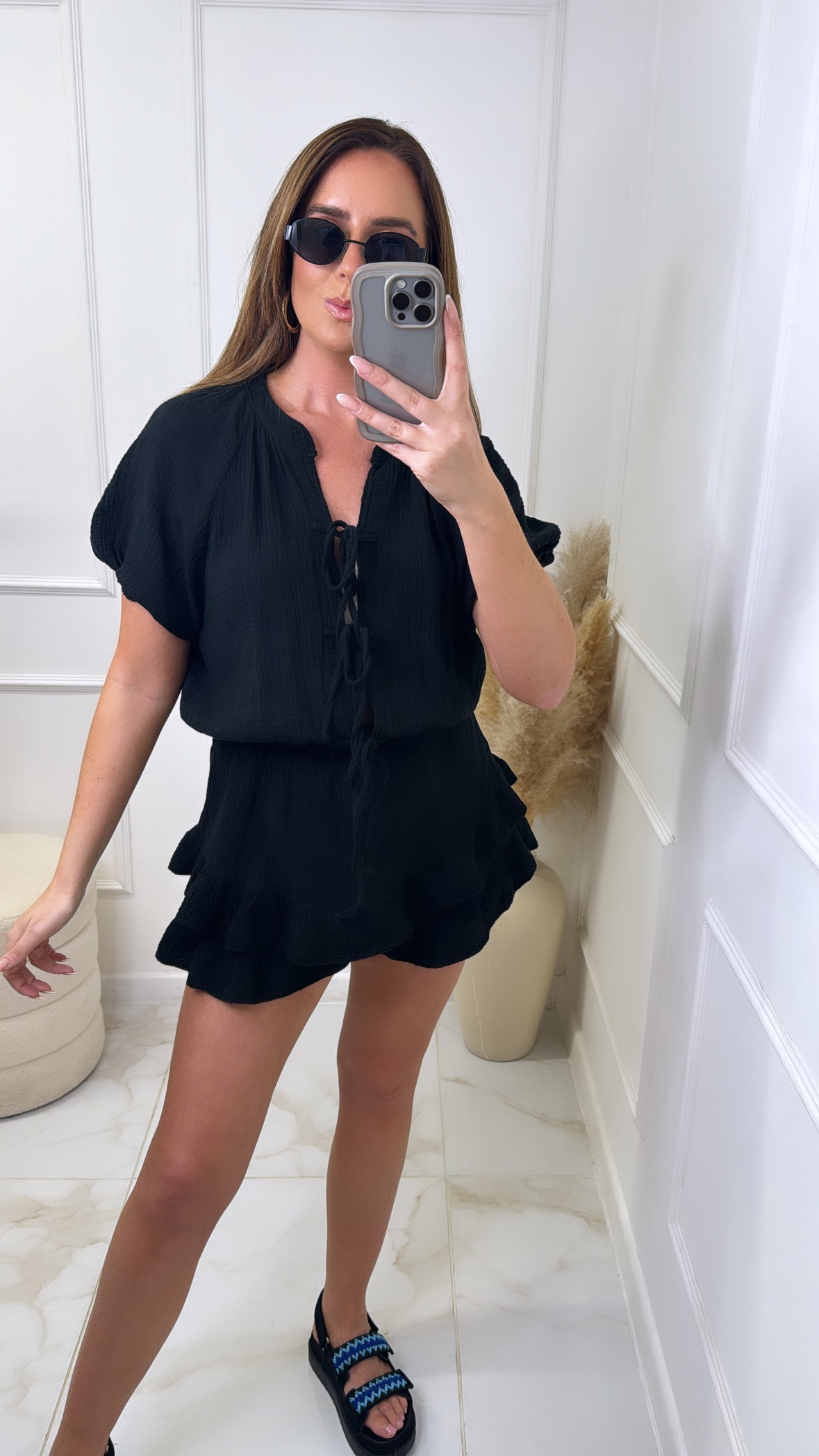 LUNA black tie front cheesecloth playsuit