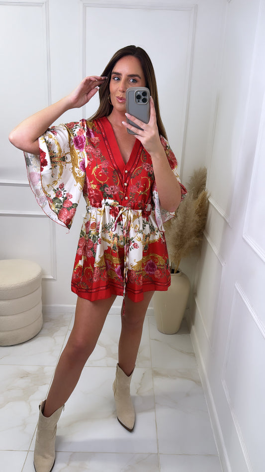 FELICITY red paisley satin playsuit