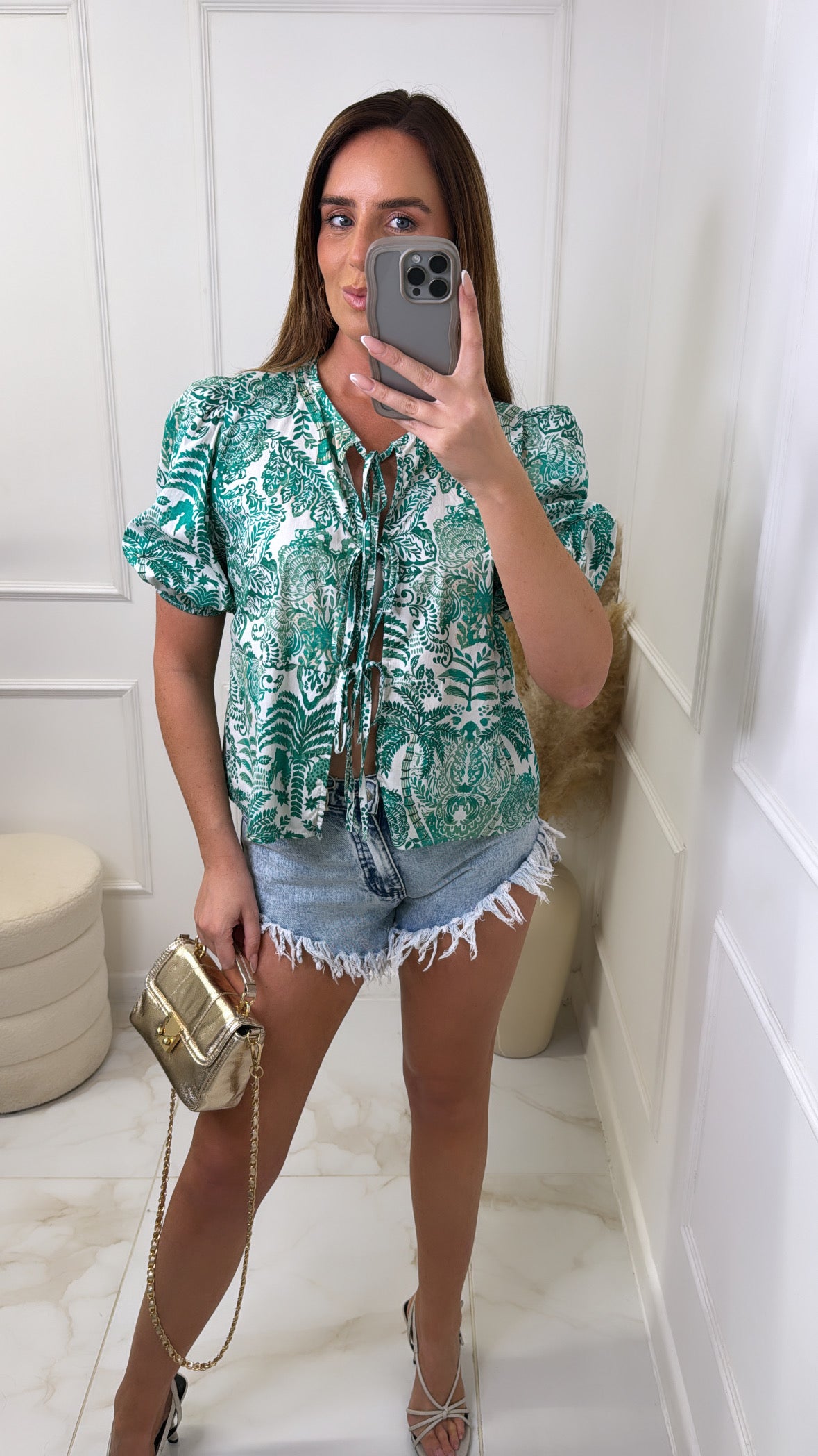 GABBY green printed tie front top