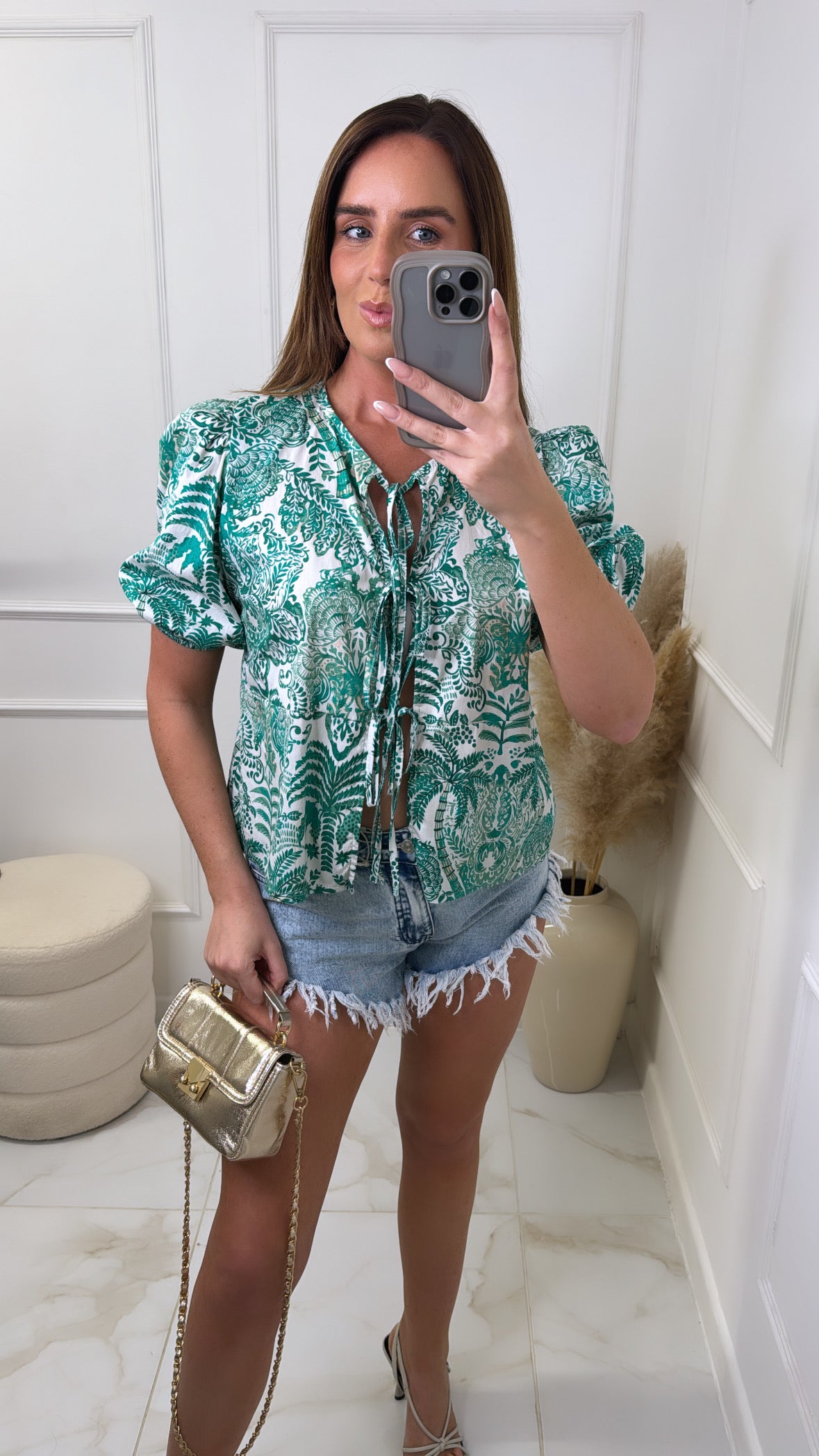 GABBY green printed tie front top