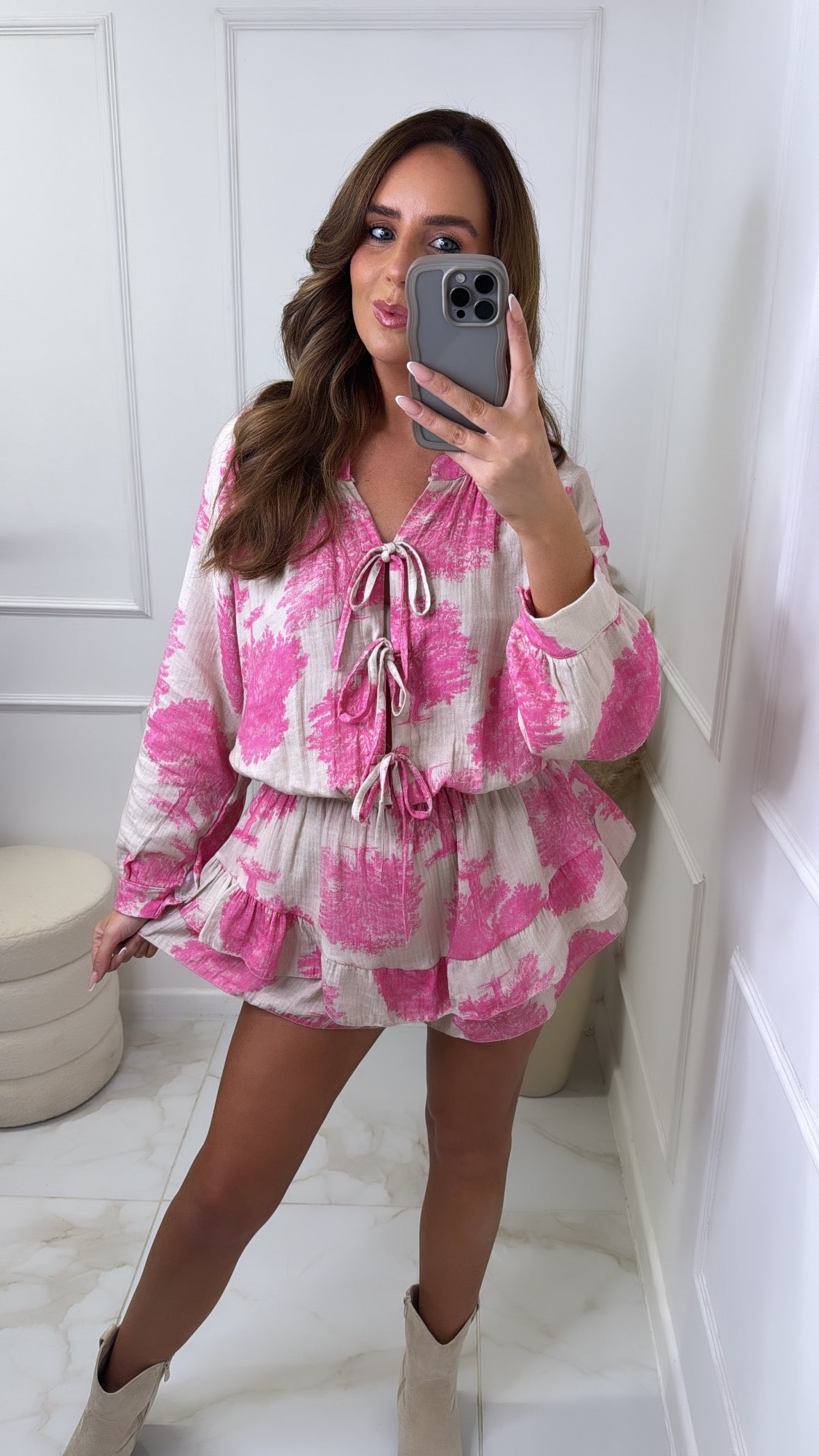 SAIGE pink tree print frill hem playsuit