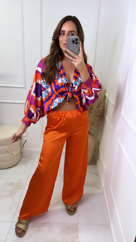 REYNA orange printed knot front trouser set