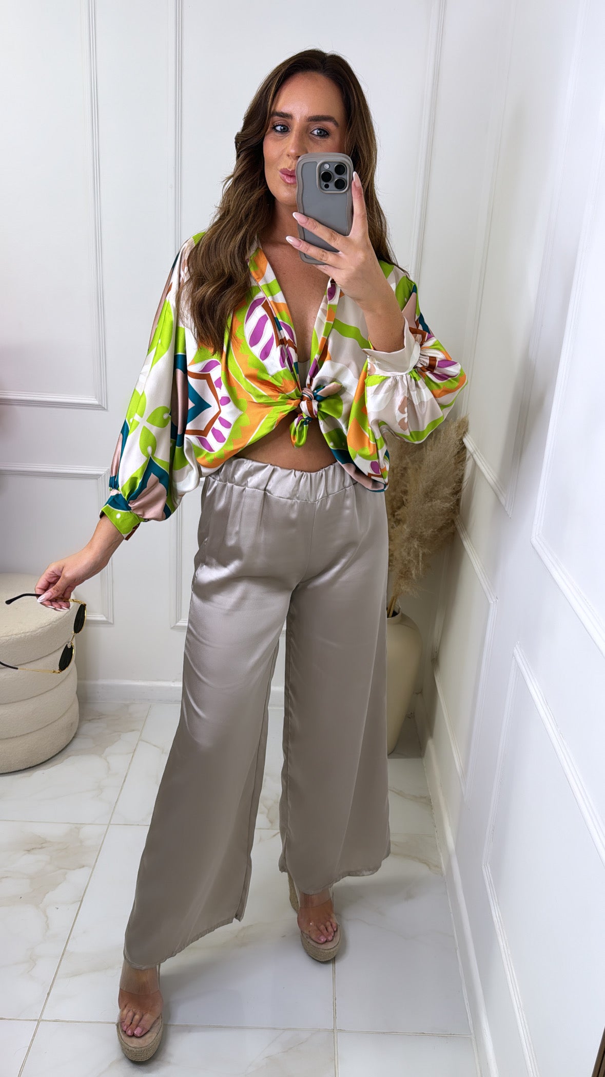 REYNA lime printed knot front trouser set