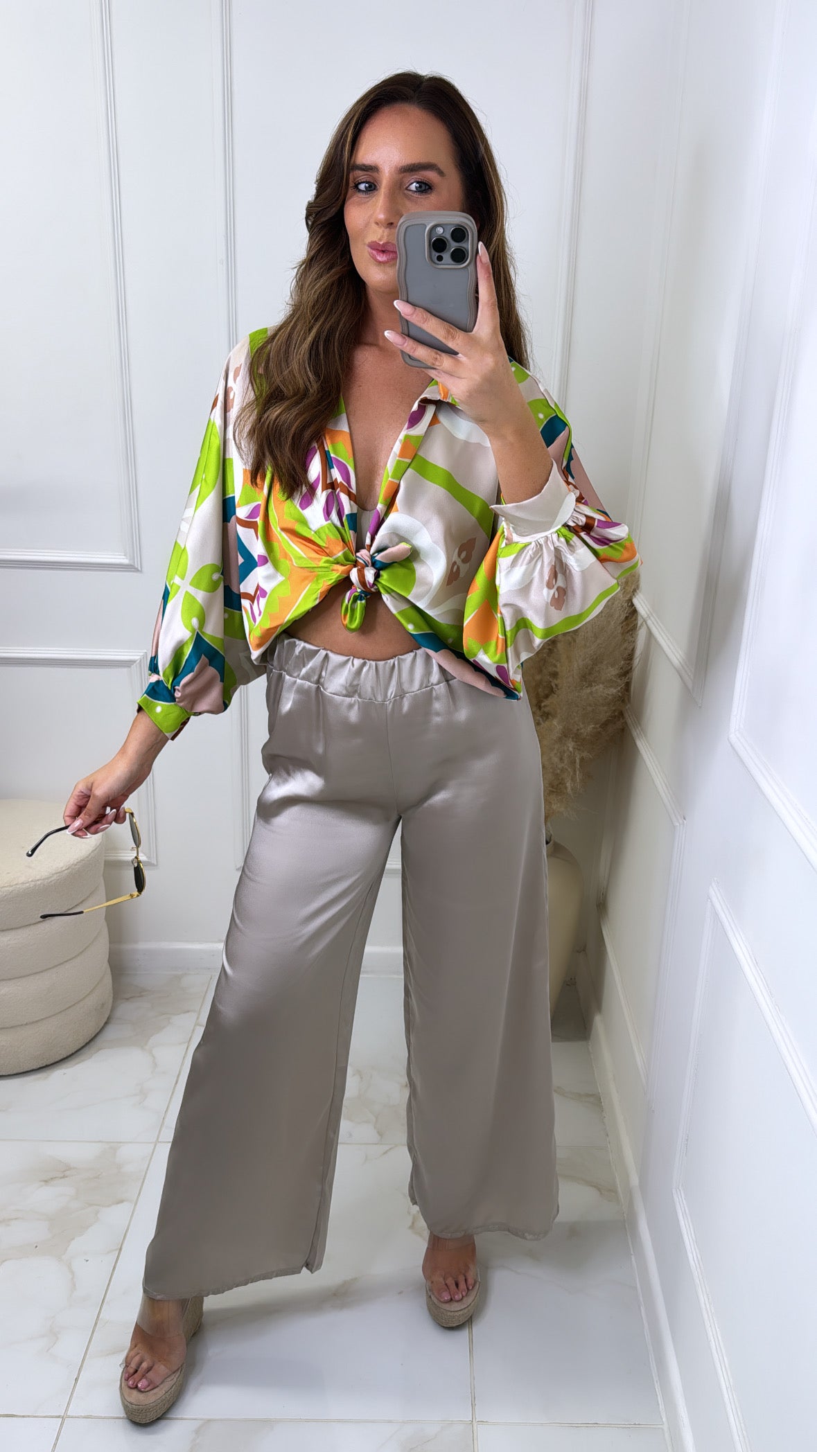 REYNA lime printed knot front trouser set