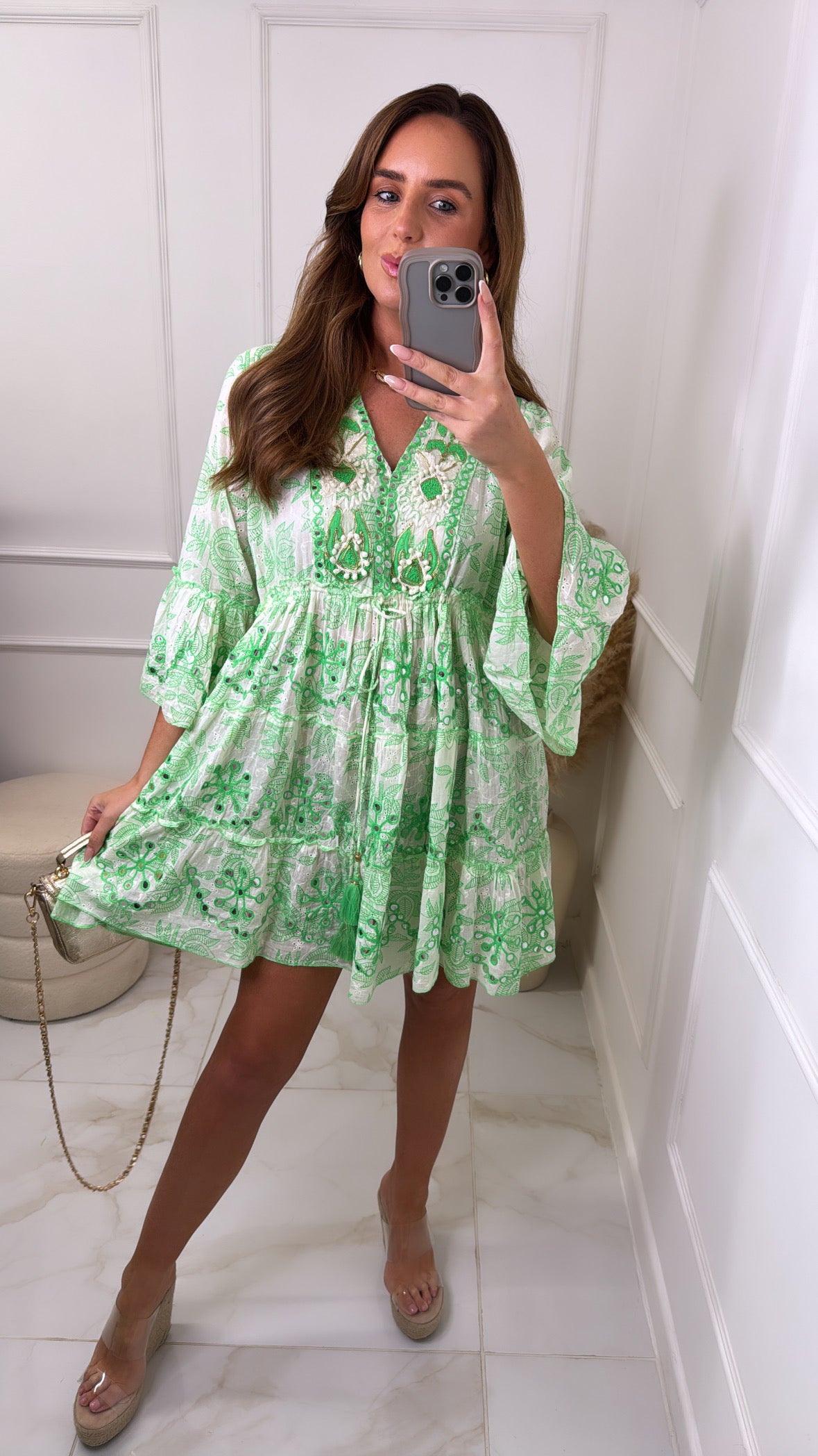 FAITH green embroidered tassel smock dress