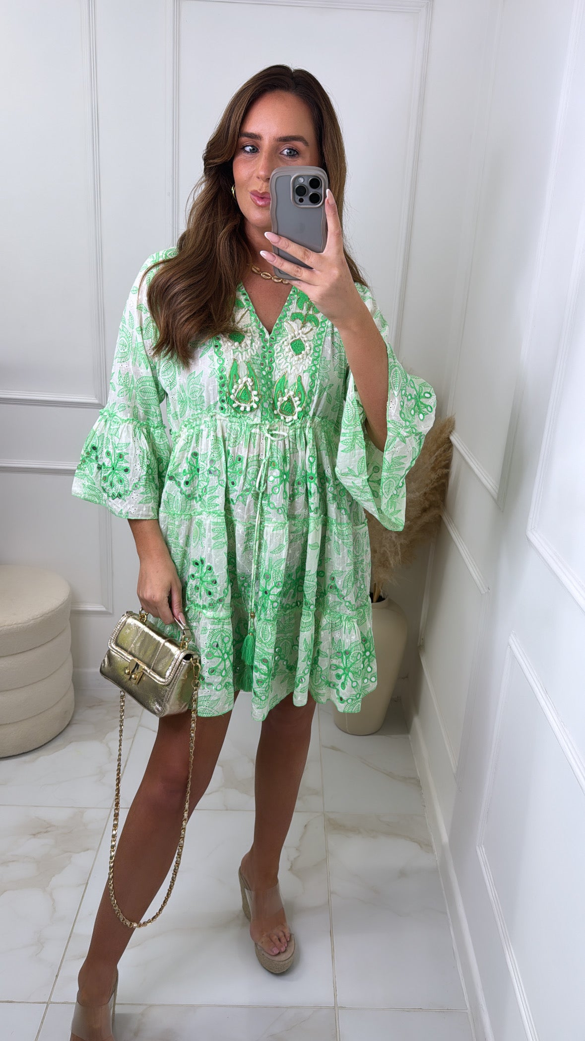 FAITH green embroidered tassel smock dress