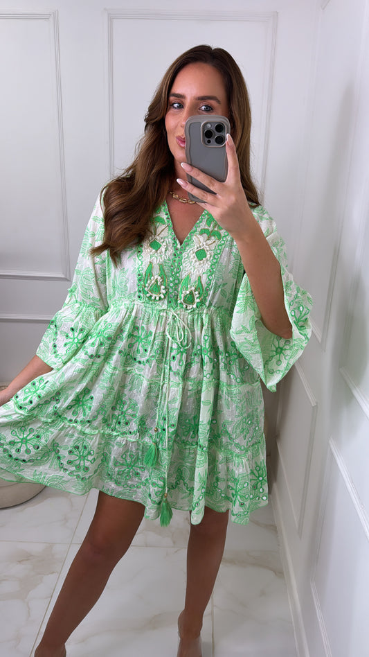 FAITH green embroidered tassel smock dress