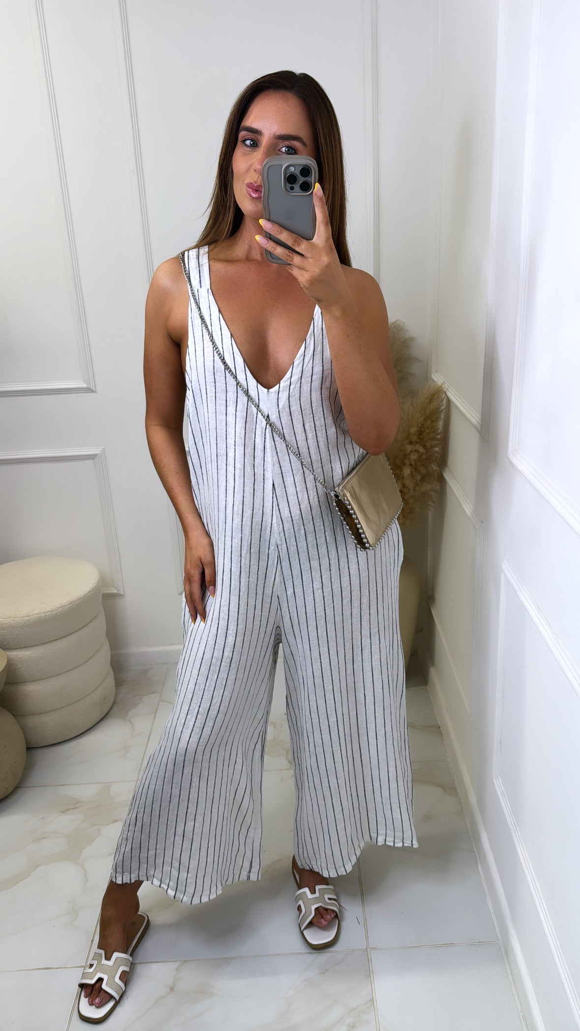 MARGOT white stripe linen wide leg jumpsuit