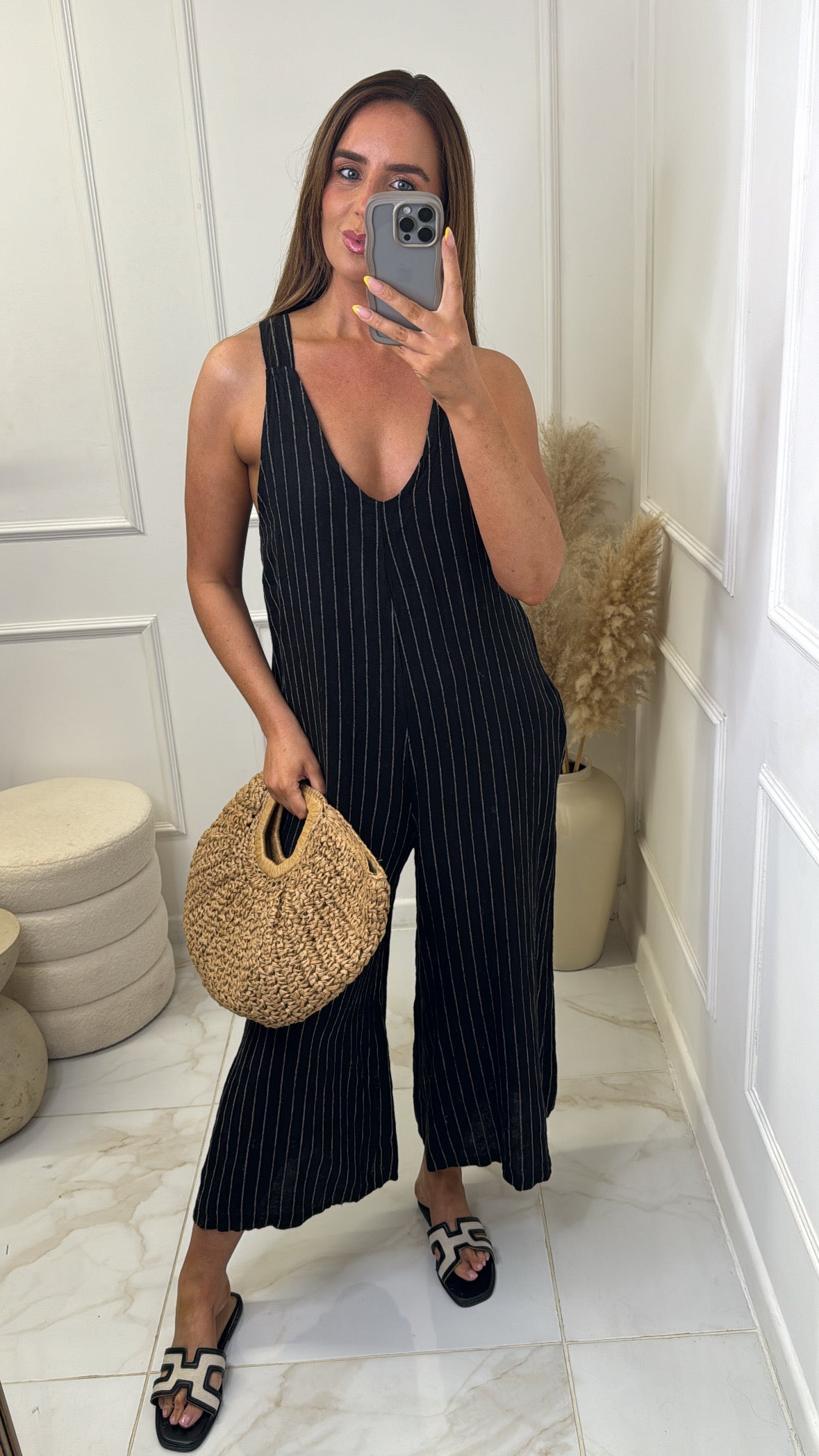 MARGOT black stripe linen wide leg jumpsuit