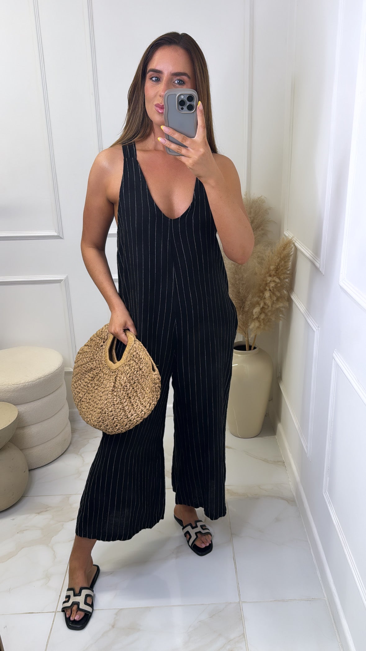 MARGOT black stripe linen wide leg jumpsuit