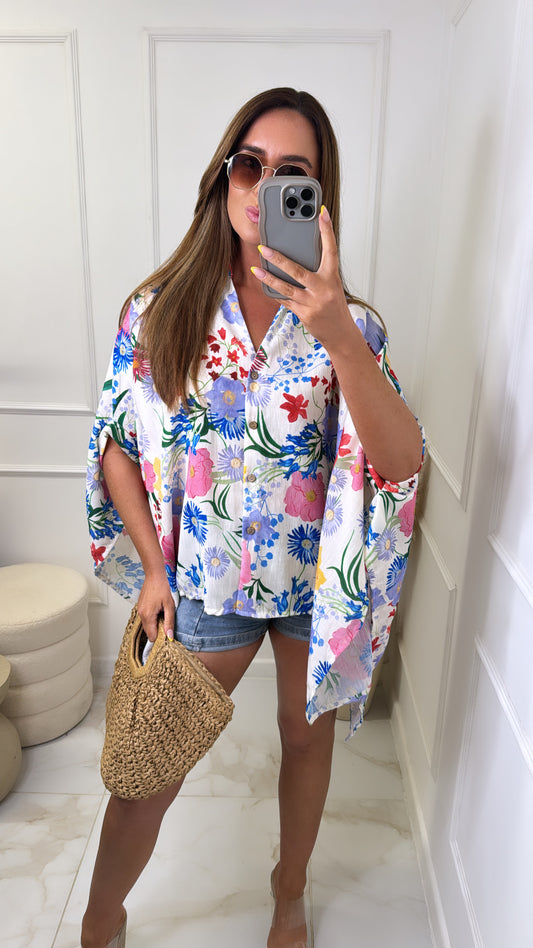 ARIA blue floral linen oversized shirt