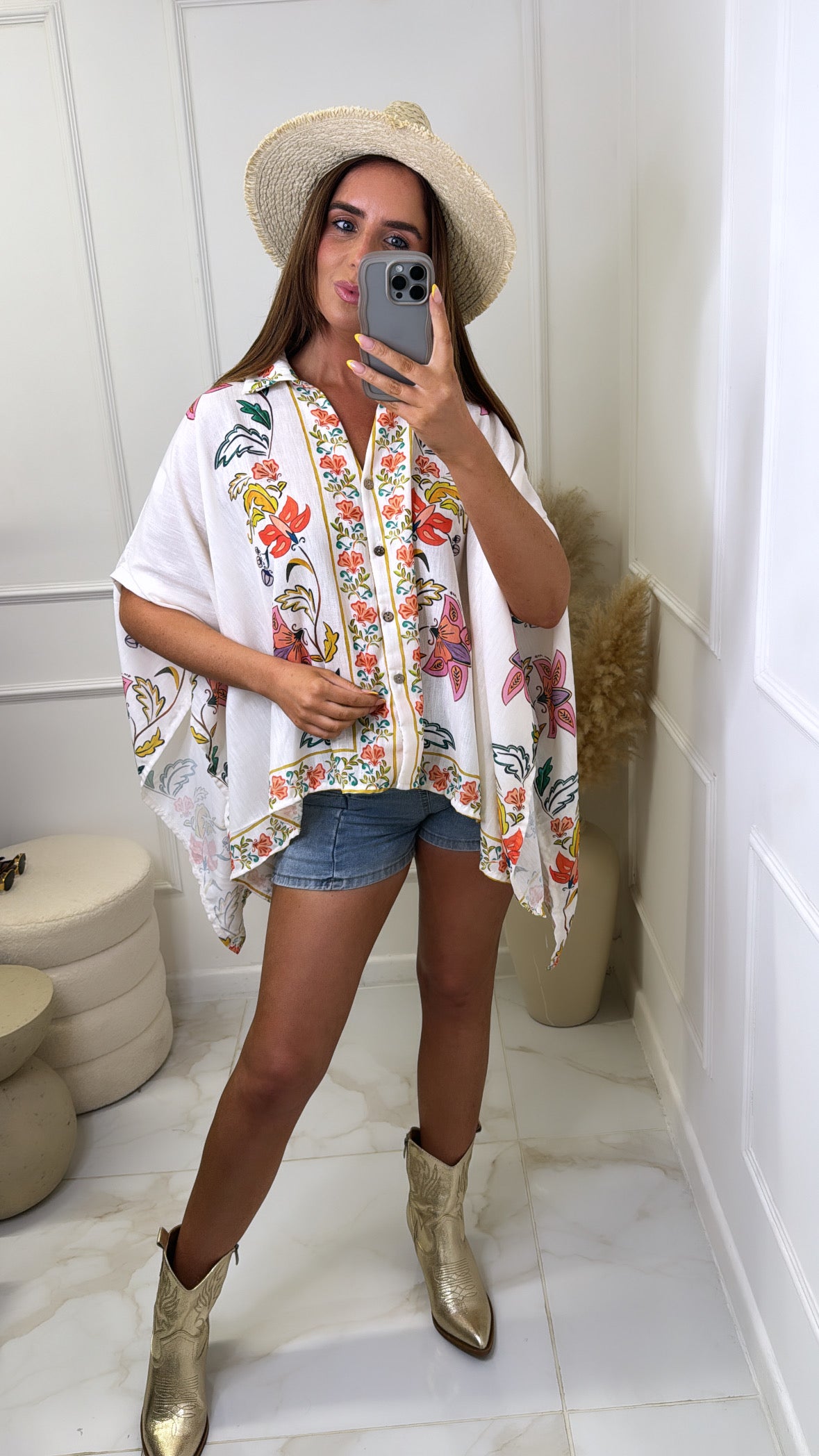 CASSIE beige floral linen oversized shirt