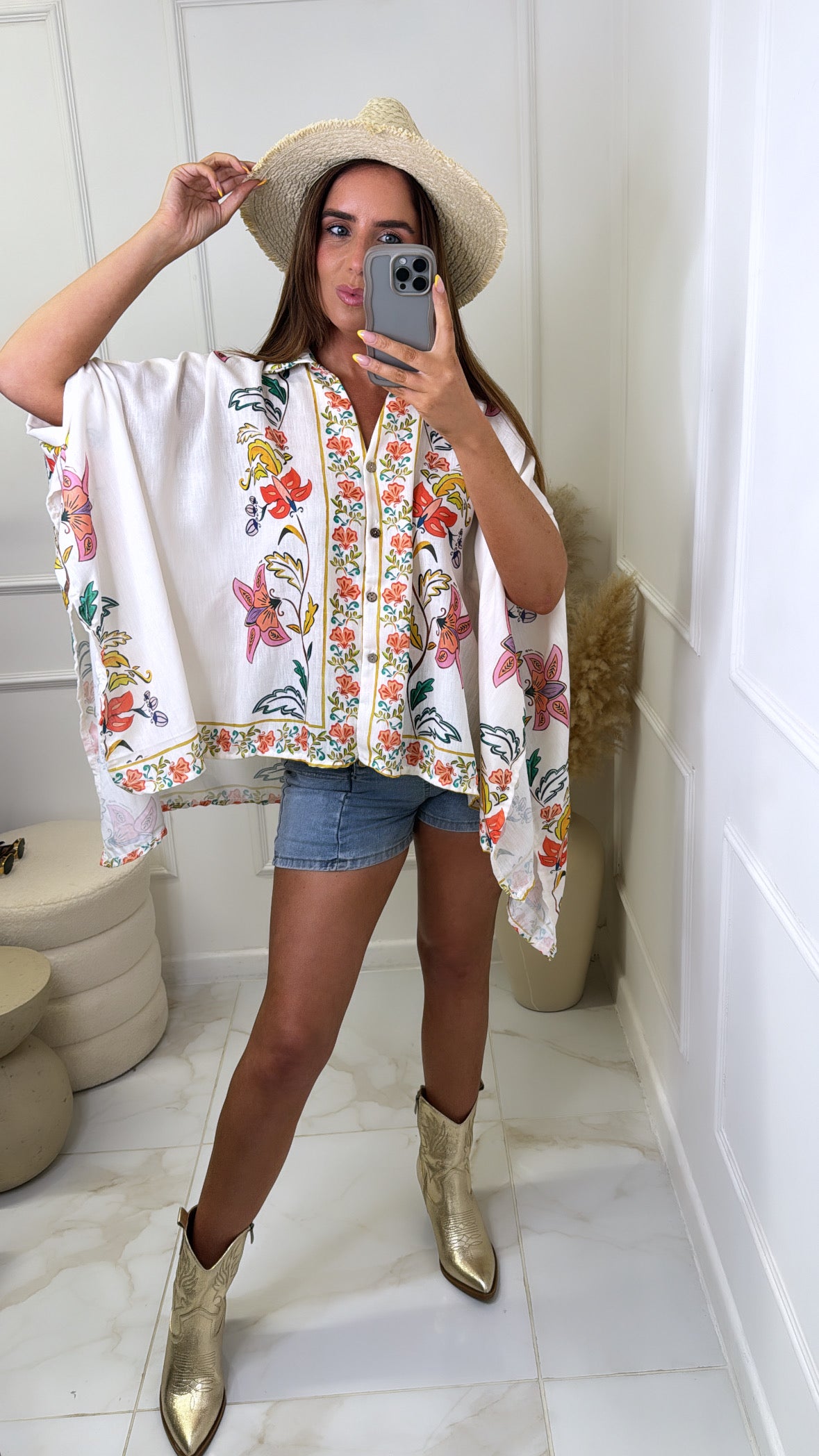 CASSIE beige floral linen oversized shirt