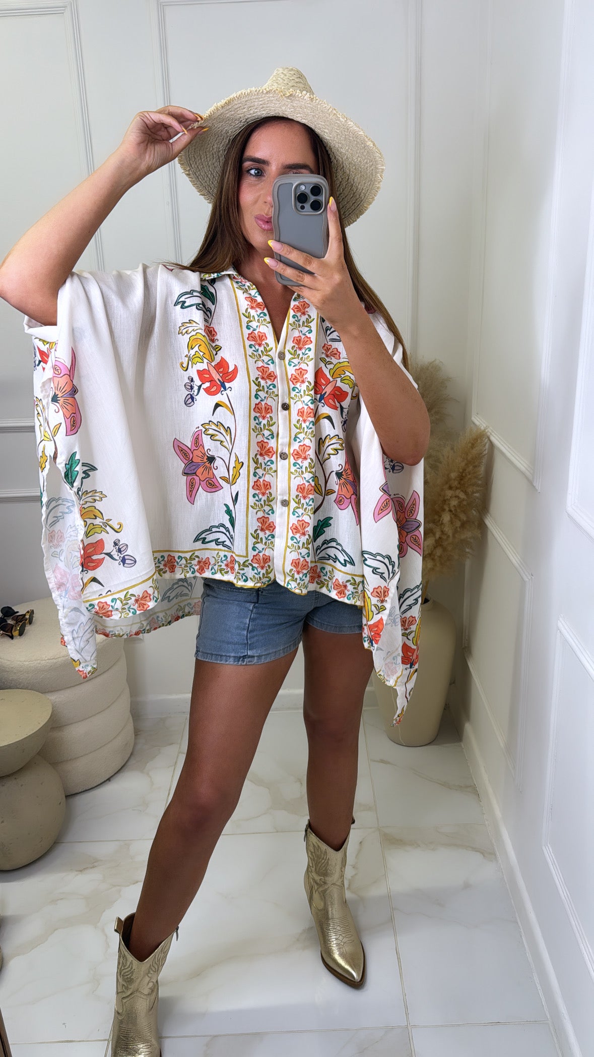 CASSIE beige floral linen oversized shirt