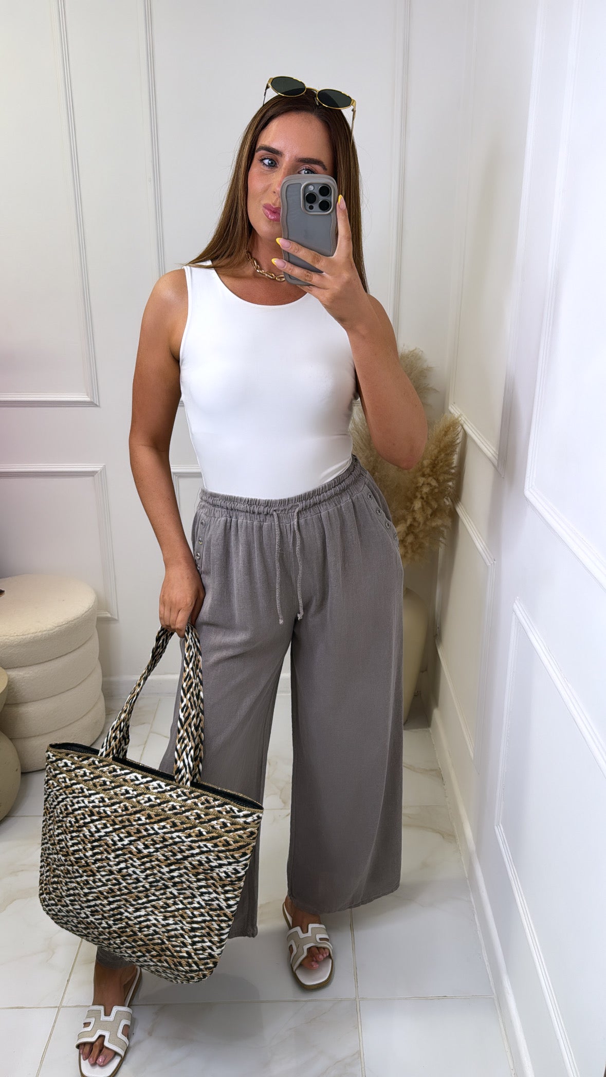 KAYLA taupe linen eyelet wide leg trousers