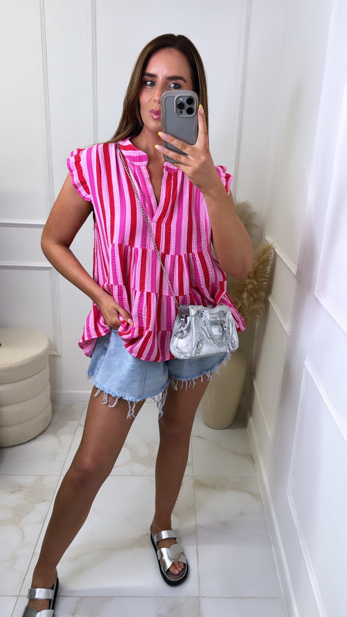 RENEE pink & red stripe cheesecloth top