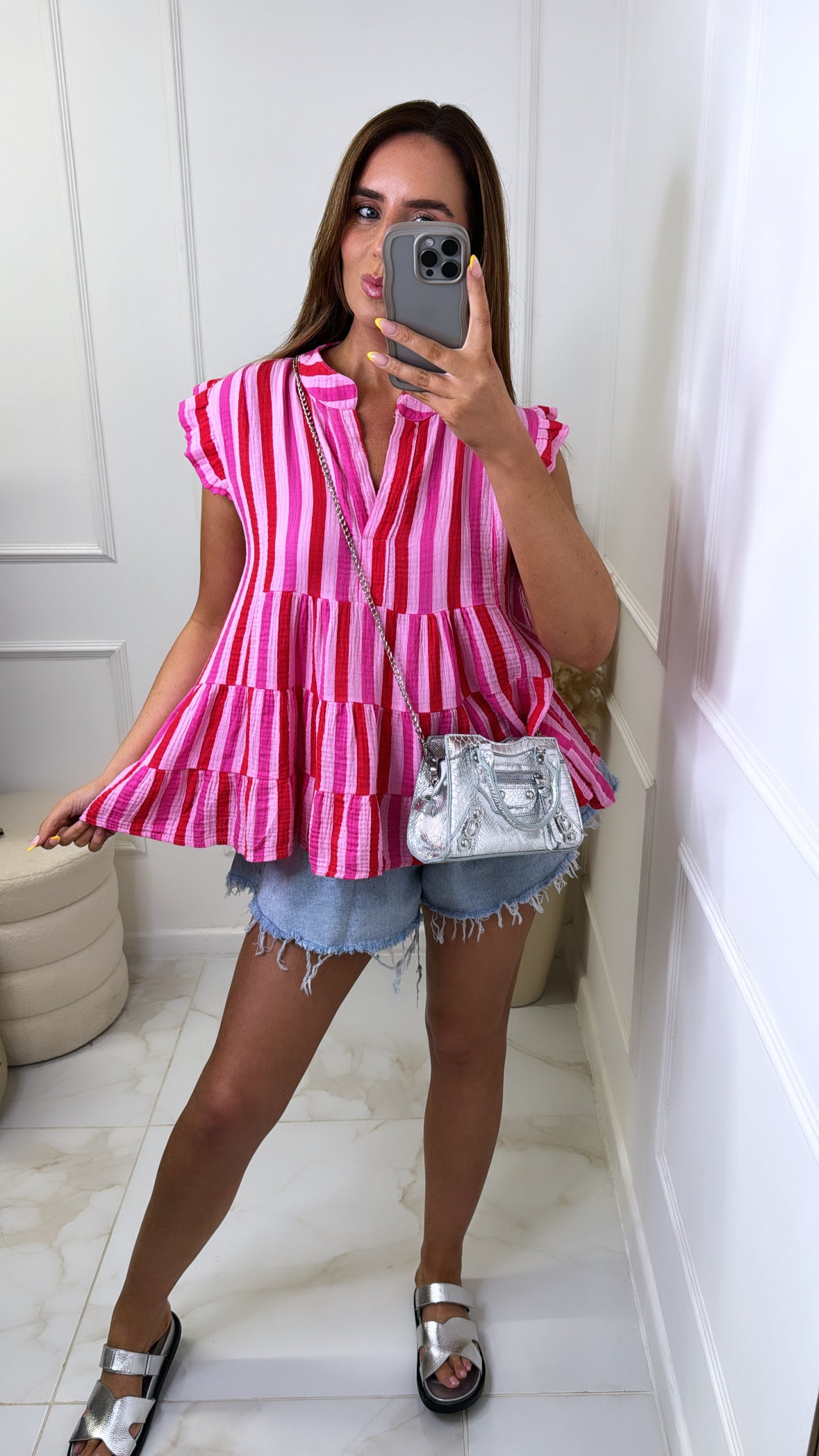 RENEE pink & red stripe cheesecloth top