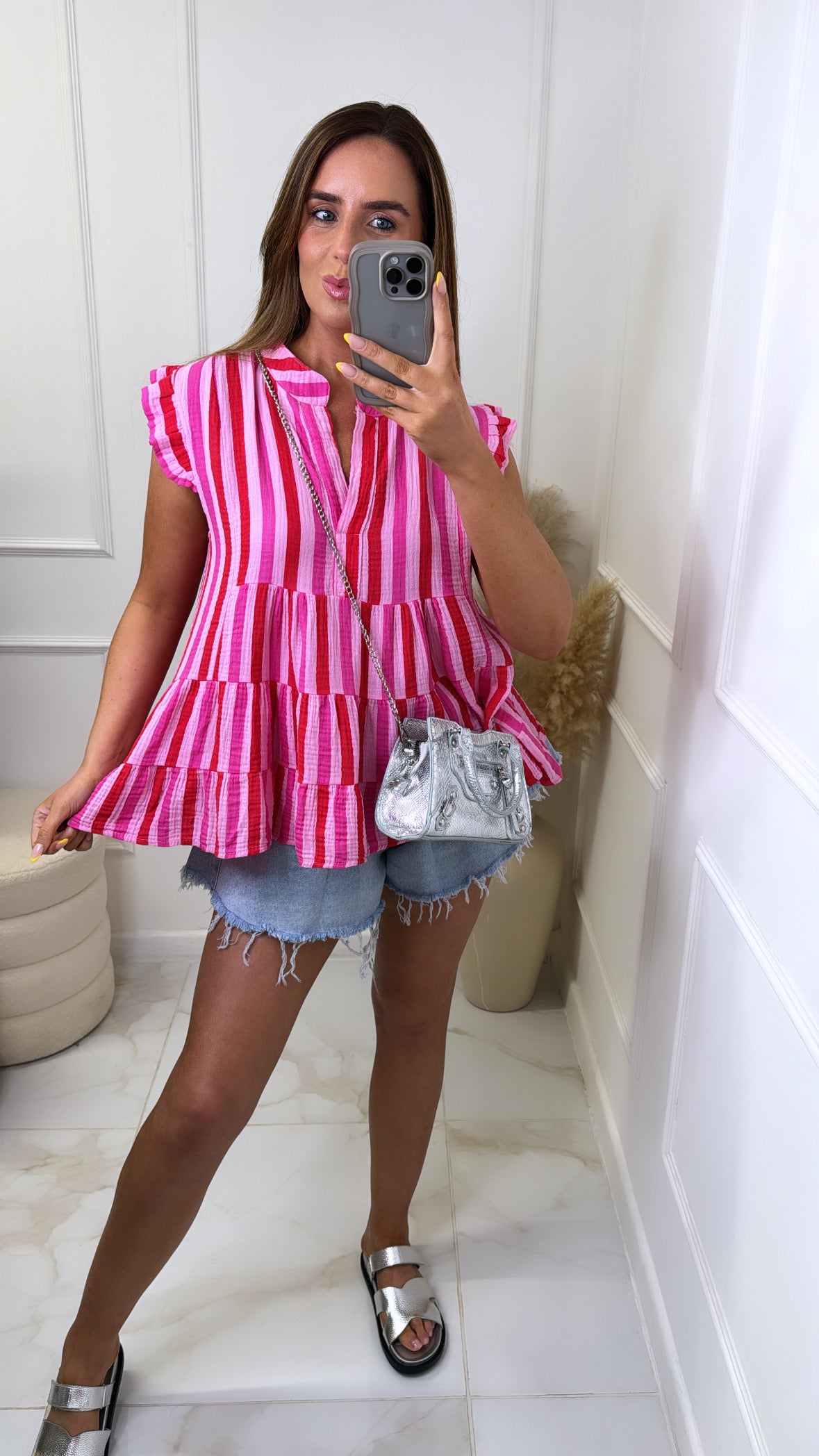 RENEE pink & red stripe cheesecloth top