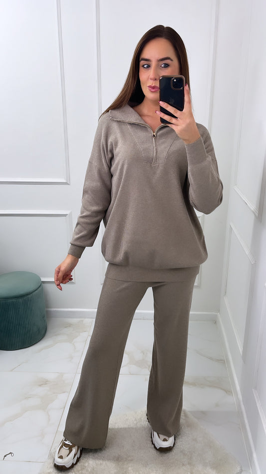 ARIELLA taupe half zip wide leg knit lounge set