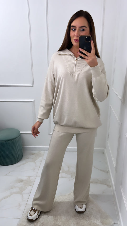 ARIELLA cream half zip wide leg knit lounge set