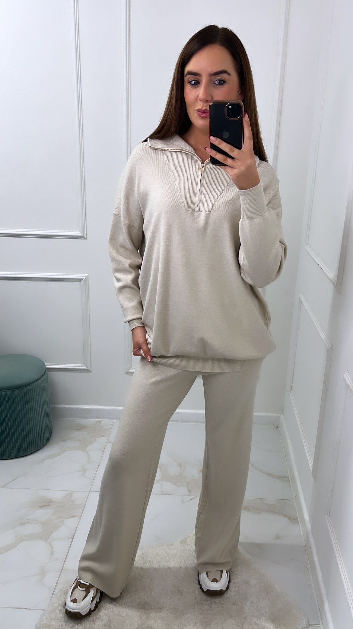 ARIELLA cream half zip wide leg knit lounge set