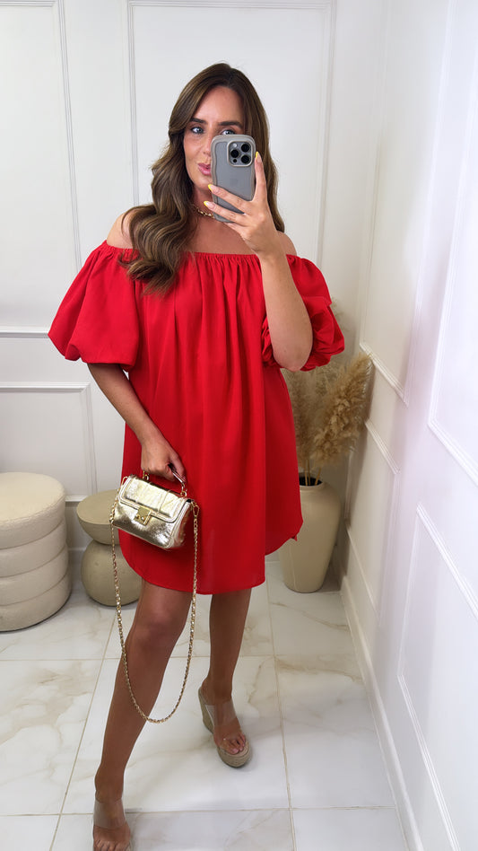 LUCIE red puff sleeve summer dress