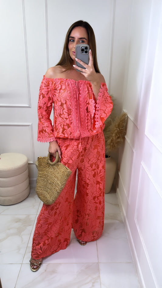 WILLOW coral lace wide leg jumpsuit