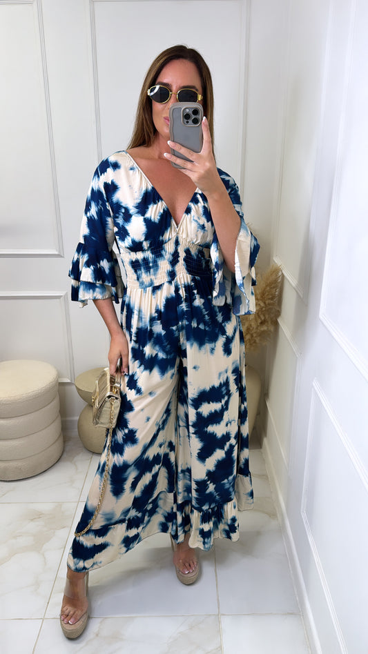 LOLA navy tie dye wide leg jumpsuit