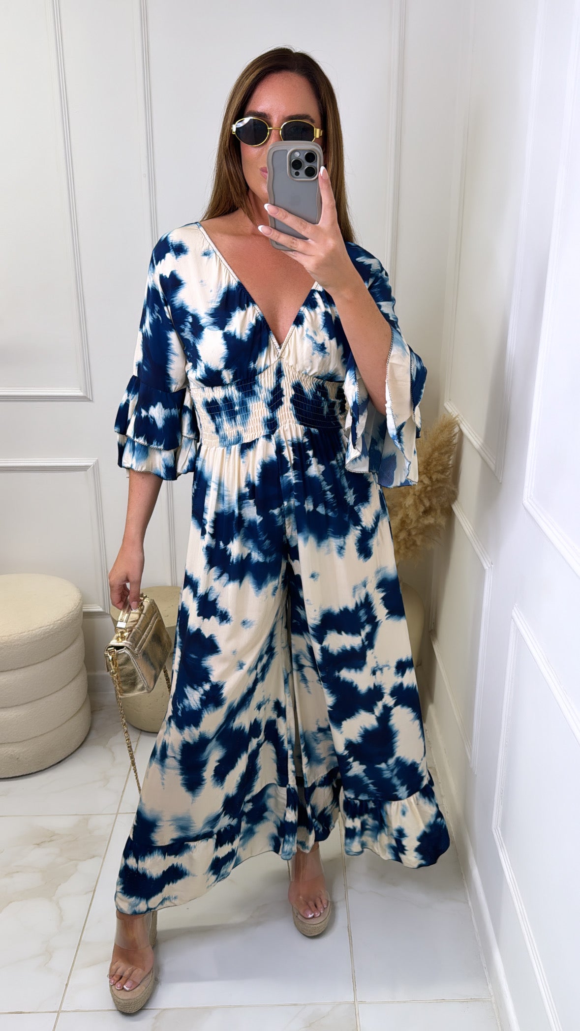 LOLA navy tie dye wide leg jumpsuit