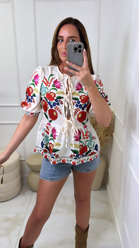 ELLIE white floral printed tie front top