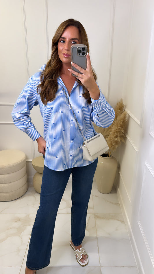 GABRIELLE blue pinstripe heart embroidered shirt