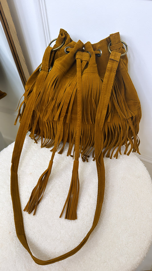 CALLIE tan fringed suedette bag