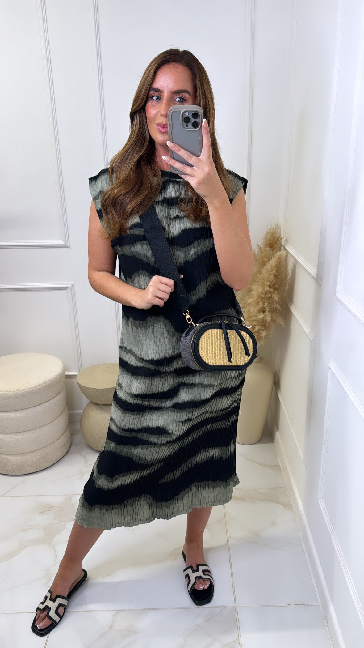 MARISSA khaki zebra sleeveless midi dress