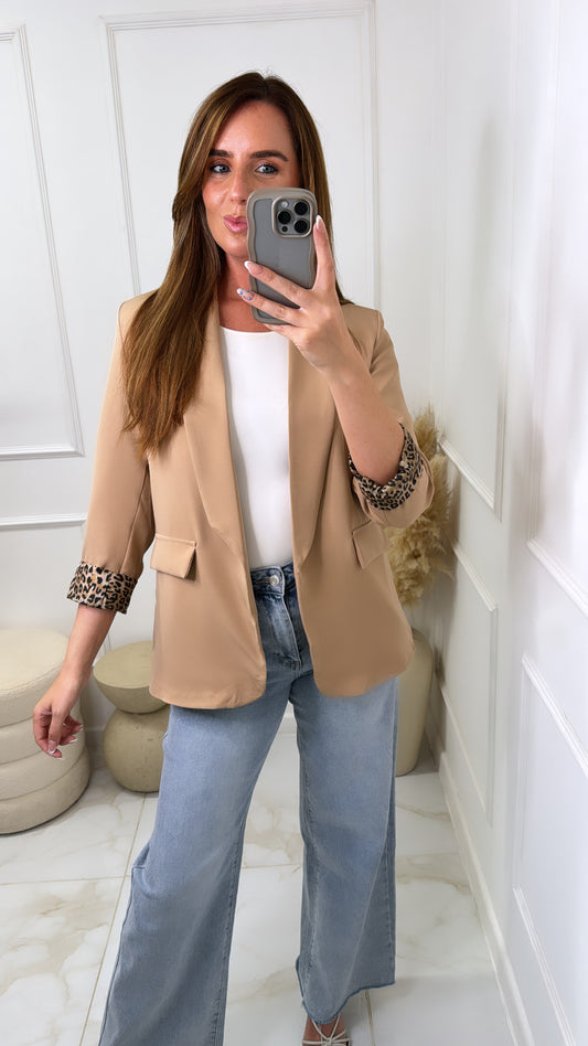 GRACE camel leopard cuff blazer