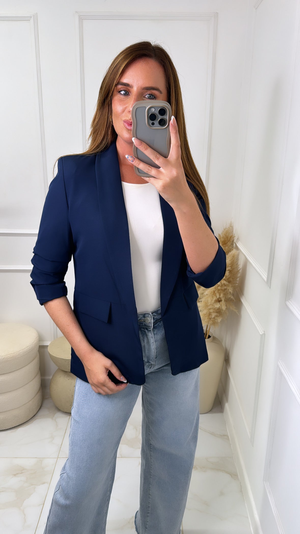 OLIVIA navy ruched sleeve blazer