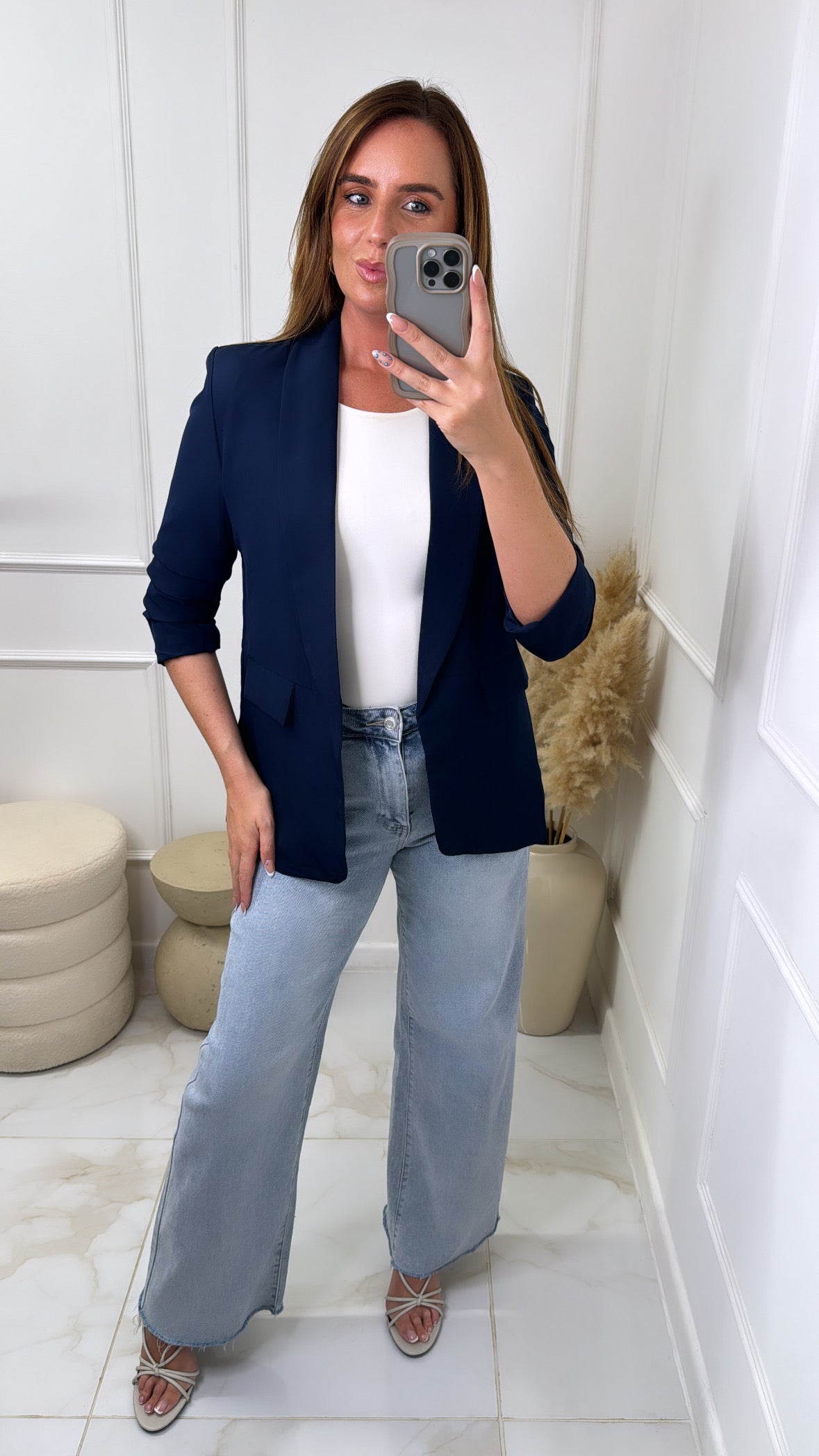 OLIVIA navy ruched sleeve blazer