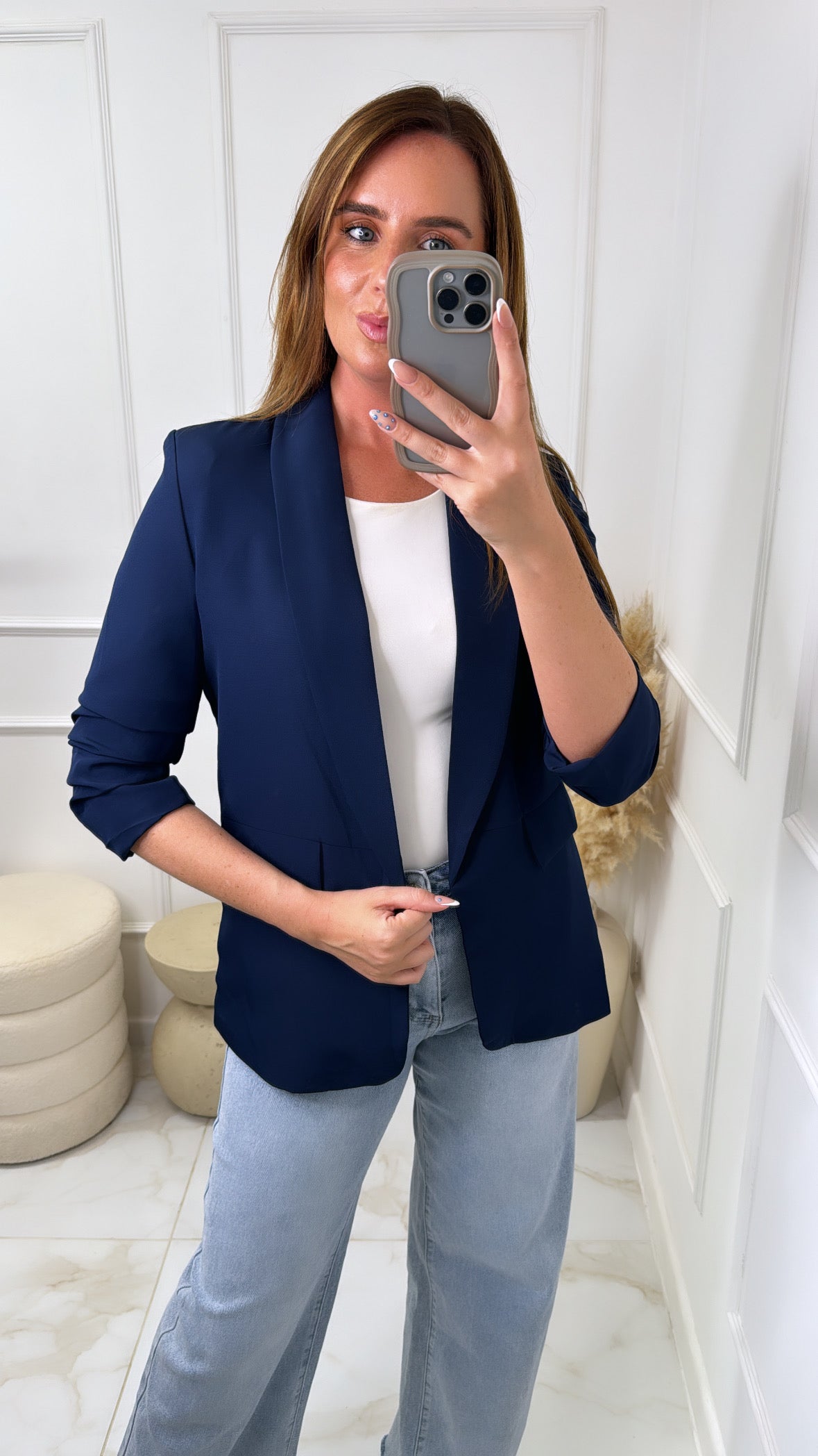 OLIVIA navy ruched sleeve blazer