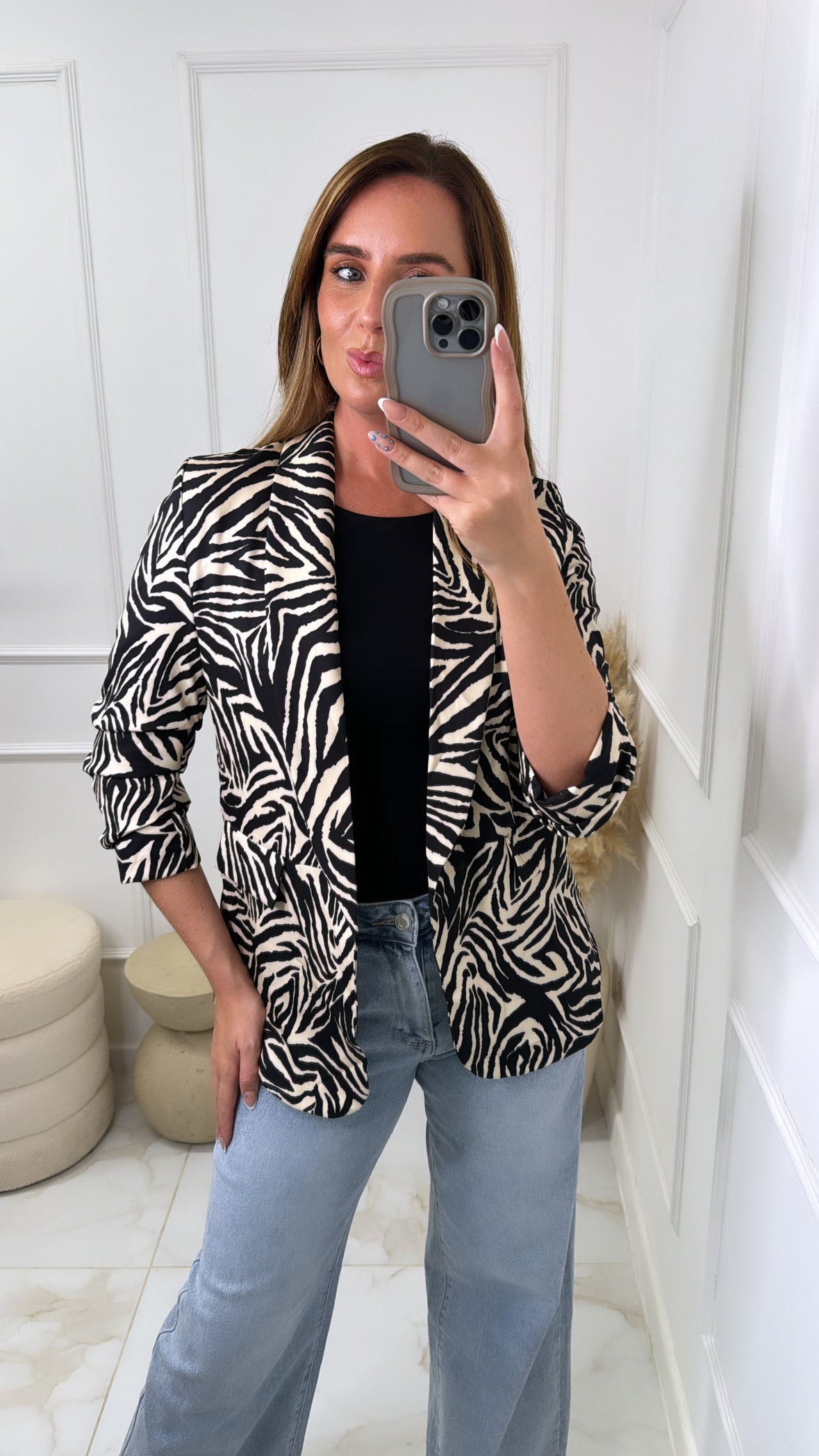 OLIVIA zebra print ruched sleeve blazer