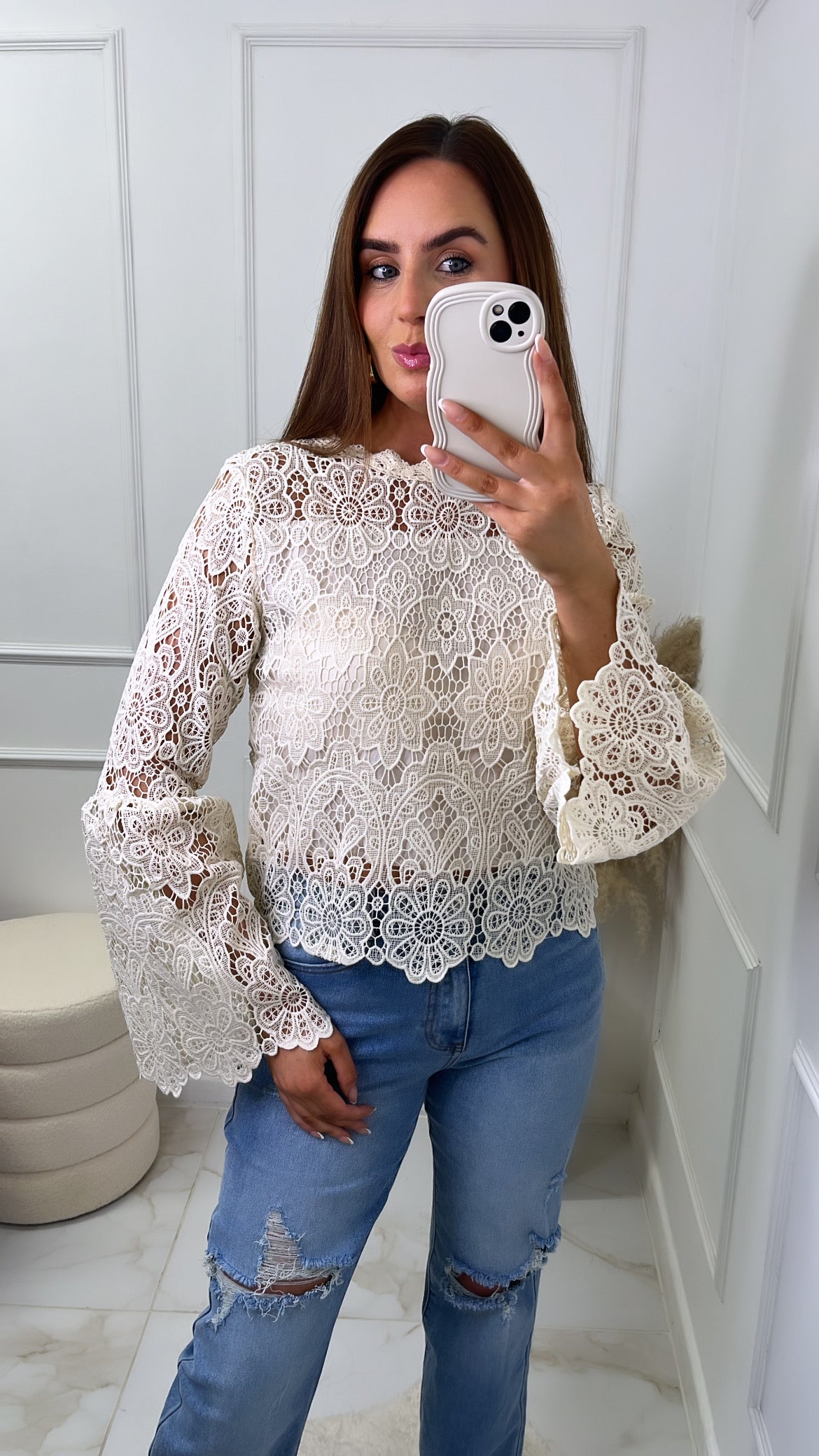 LILLIA beige crochet flared sleeve blouse