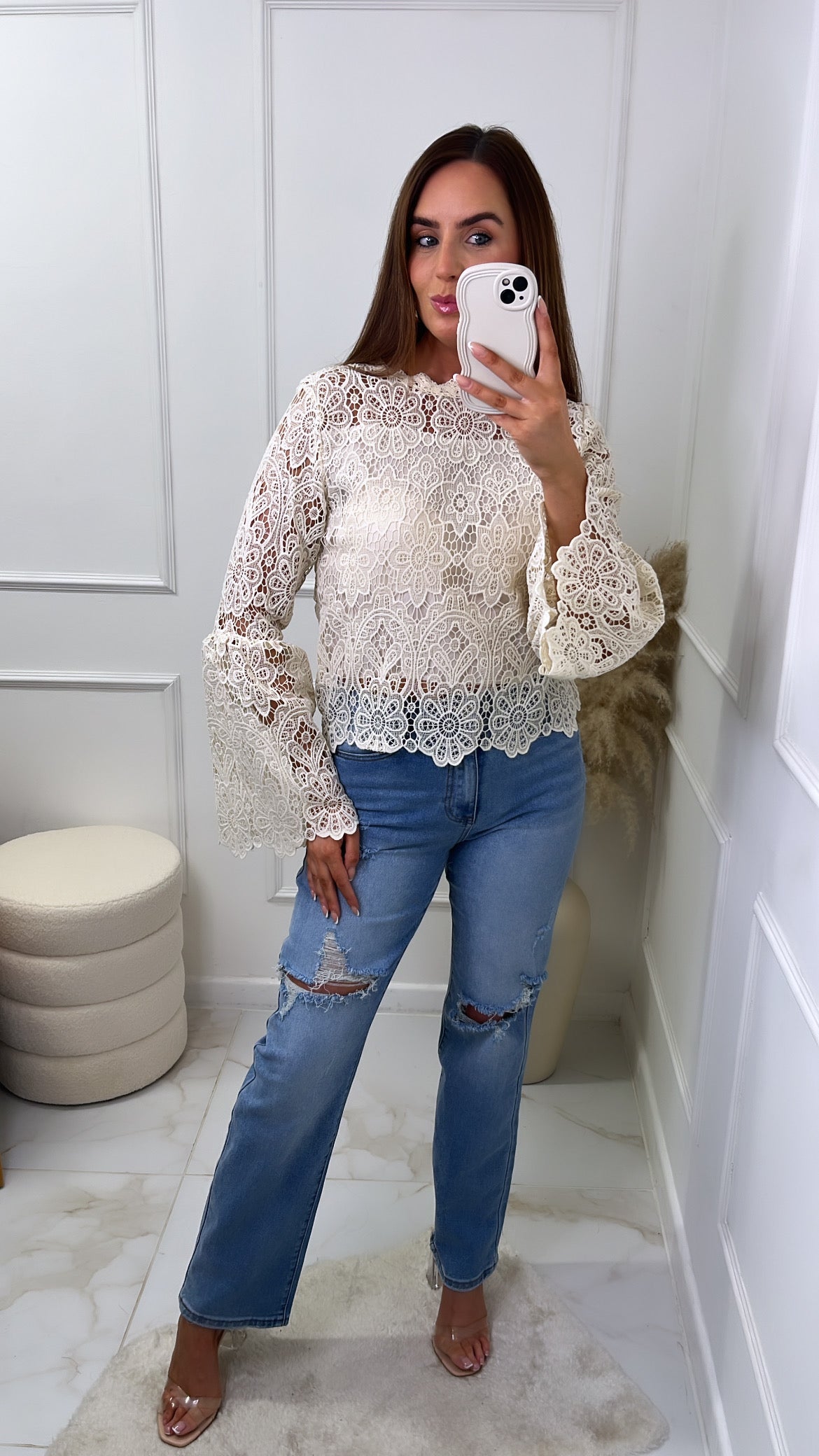 LILLIA beige crochet flared sleeve blouse