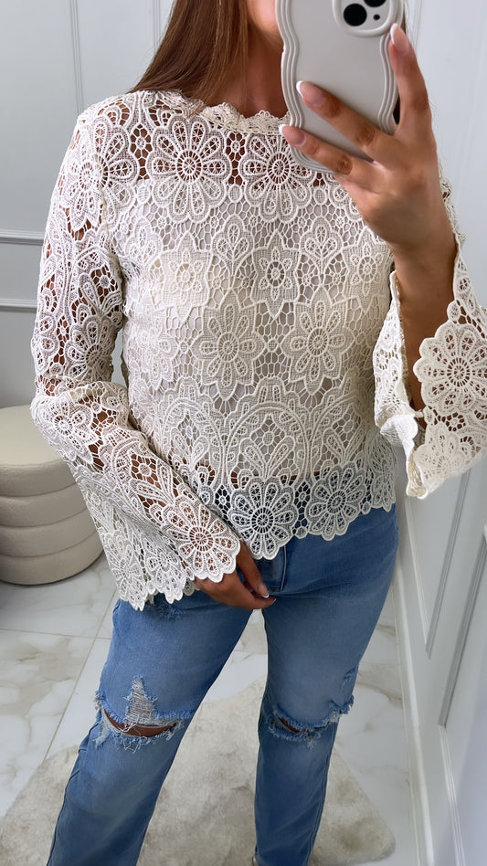 LILLIA beige crochet flared sleeve blouse