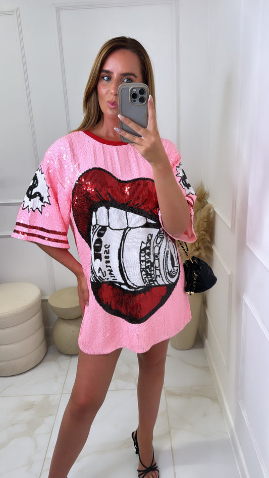 NINA pink sequin lips oversized t-shirt