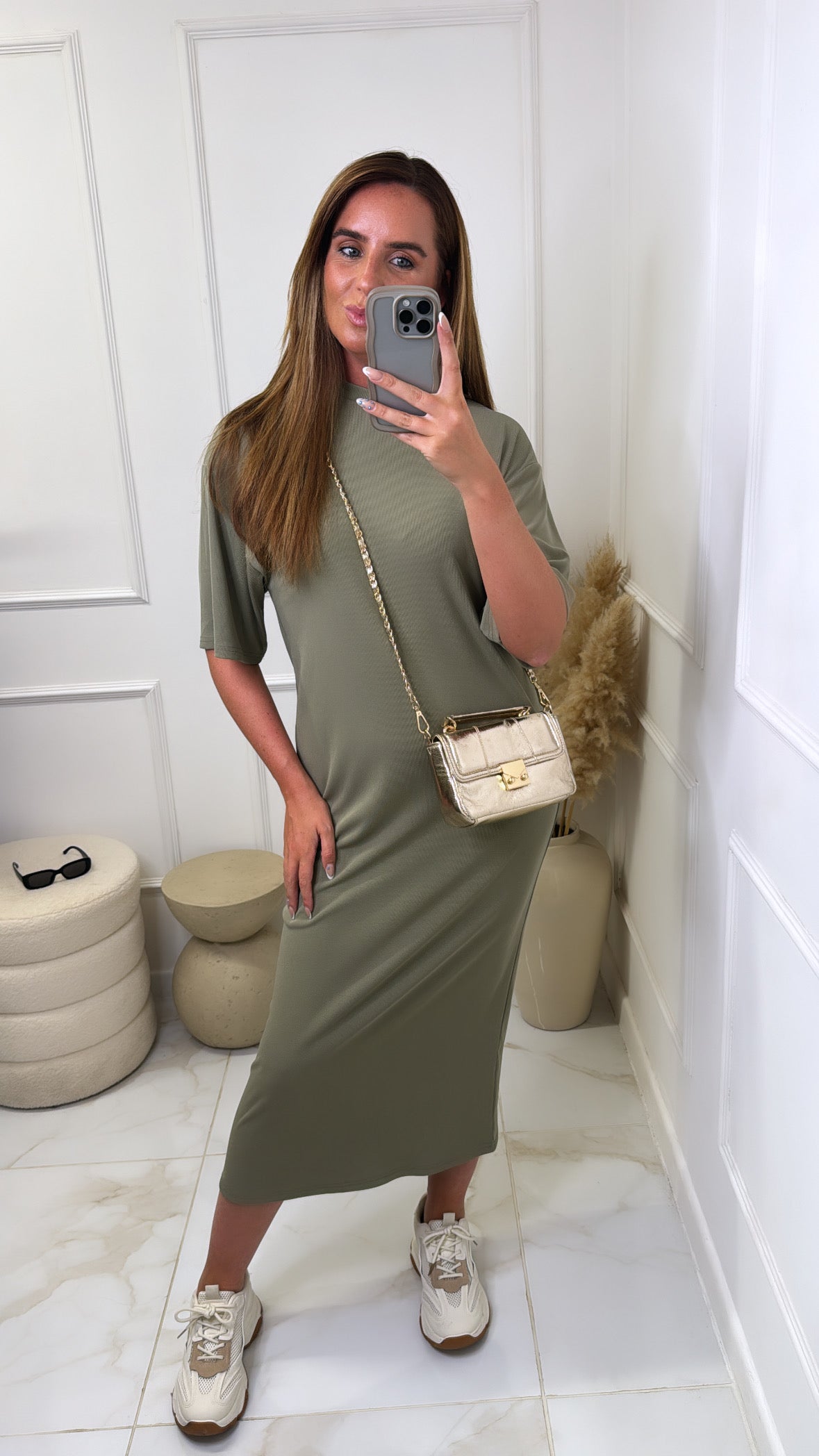 COURTNEY khaki fine knit midi dress