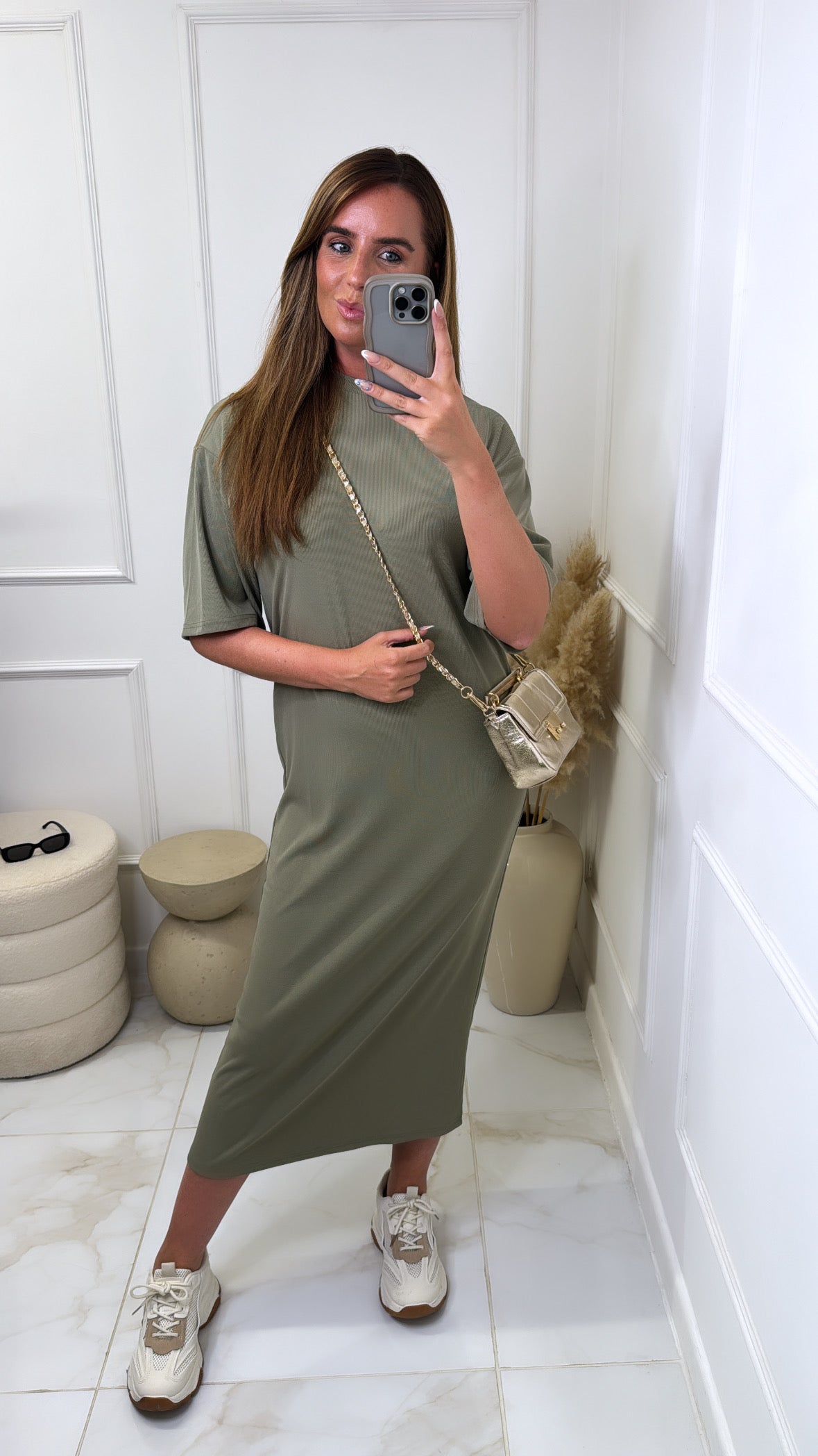 COURTNEY khaki fine knit midi dress